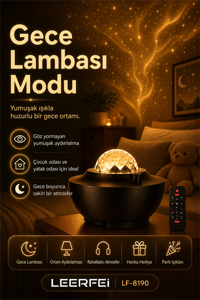 Yıldız Efektli Projektör Gece Lambası Müzik Destekli Ambiyans Ve Parti Işığı
