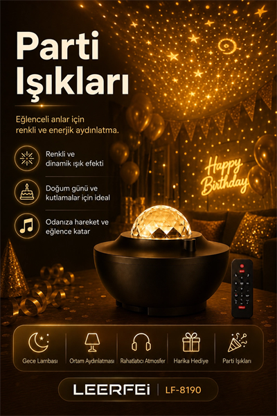 Yıldız Efektli Projektör Gece Lambası Müzik Destekli Ambiyans Ve Parti Işığı