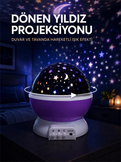 Yıldız Projeksiyon Lambası Döner Başlıklı Renkli Çocuk Odası Gece Işığı