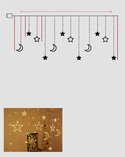 Yıldız ve Ay Figürlü Prizli Perde LED Işık Romantik Ortam Aydınlatması