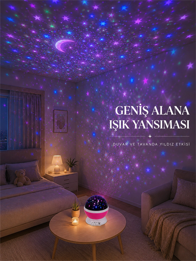 Yıldızlı Gökyüzü Projektörü Pembe Renkli Döner Çocuk Odası Gece Lambası