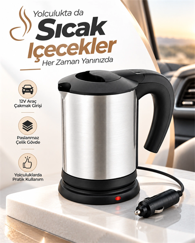 Yolculuk ve Seyahat İçin 12V Araç Uyumlu Paslanmaz Çelik Elektrikli Su Isıtıcı Kettle