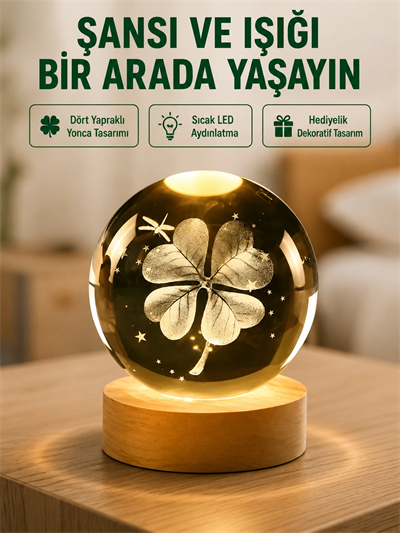 Yonca Figürlü Cam Küre USB Işıklı Ahşap Tabanlı Dekoratif Masa Lambası