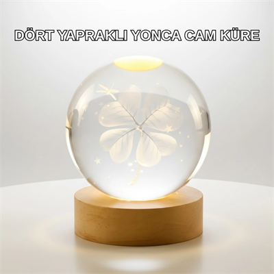 Yonca Figürlü Cam Küre USB Işıklı Ahşap Tabanlı Dekoratif Masa Lambası