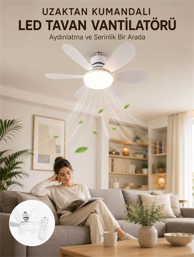 Yüksek Aydınlatma Performansına Sahip LED Tavan Fanı Sessiz Çalışma Güçlü Esinti ve Uzaktan Kumanda Kontrolü