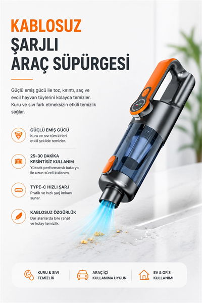 Yüksek Emiş Güçlü Taşınabilir Araç Süpürgesi