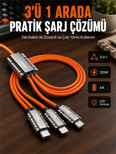 Yüksek Güç Aktarımı Sunan 6A Destekli Çoklu Bağlantı Şarj ve Veri Kablosu