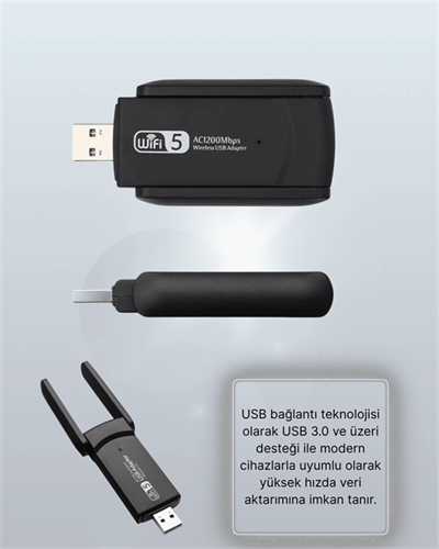 Yüksek Hızlı 1200 Mbps Çift Bant USB WiFi Adaptör – Güçlü Sinyal, Geniş Uyumluluk