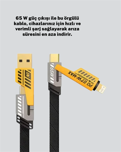 Yüksek Hızlı 65W Güç Çıkışlı Çoklu Cihaz Uyumlu Şarj Kablosu