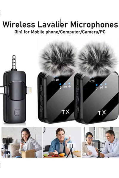 Yüksek Kalite Profesyonel 3 In 1 Kablosuz Taşınabilir Yaka Mikrofonu Tüylü