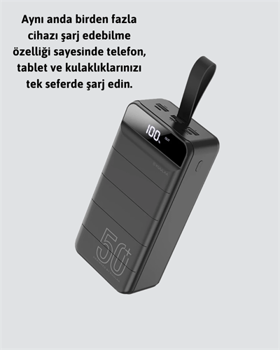 Yüksek Kapasiteli 50.000 mAh Powerbank – Type-C, Lightning ve Micro USB Uyumlu, Çoklu Cihaz Şarj Özellikli