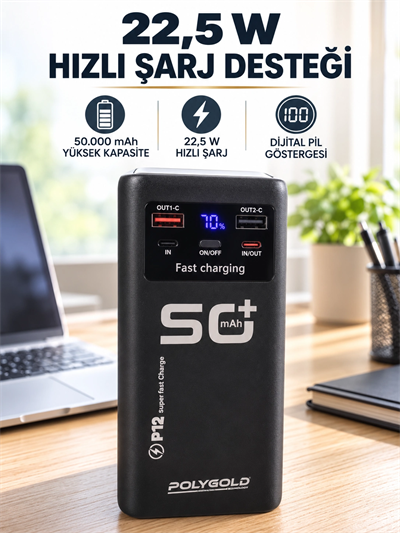 Yüksek Kapasiteli 50.000 mAh Powerbank 22,5 W Hızlı Şarj 4 Dahili Kablo LED Aydınlatma