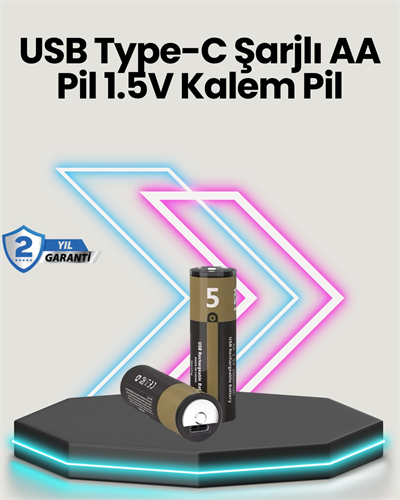 Yüksek Performanslı AA USB Şarjlı Lityum Pil | 1.5V Sabit Güç | 2’li Paket