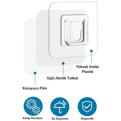 Yumurcak Shop® Eşya Sabitleme Askısı 10 Çift Şeffaf Çift Taraflı Yapışkanlı Geçmeli Klips