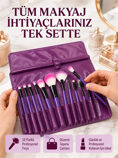 Yumuşak Fiber Kıllardan Oluşan 12li Makyaj Fırçası Seti Göz Farı Allık ve Kontür İçin