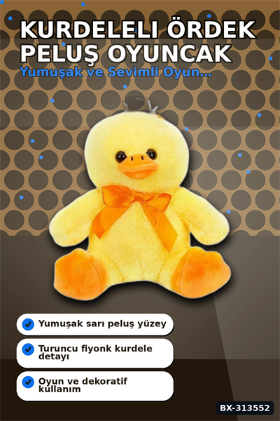 Yumuşak Tüylü 20 cm Ördek Peluş Oyuncak - Kurdeleli, Bebek ve Çocuk Hediyesi BX-313552