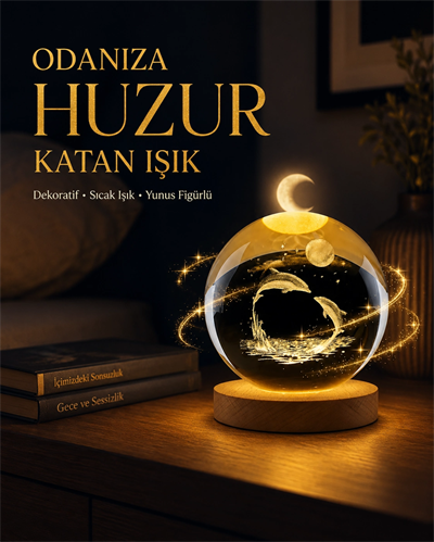 Yunus Temalı Kristal Küre USB Işıklı Ahşap Altlıklı Gece Lambası