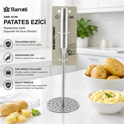 Yuvarlak Çap : 8cm Metal Saplı = 11.5cm Metal Patates Ezici Toplam Uzunluk : 26.5cm Bx40