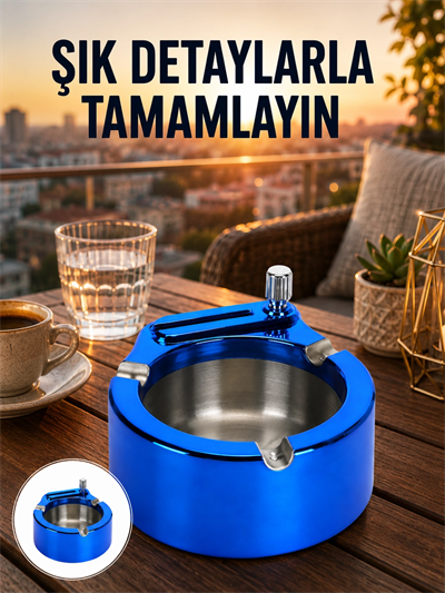 Yuvarlak Metal Küllük Çakmak Entegreli Dayanıklı Yapı Yeni Nesil