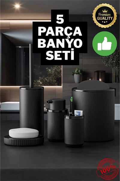 Yuvarlak Siyah 5 Parça Banyo Seti Çöp Kovası Fırça Sabunluk Diş Fırçalık Aksesuar