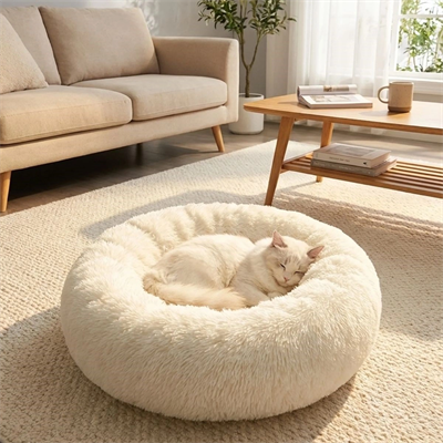 Yuvarlak Ultra Yumuşak Welsoft Peluş Kedi Ve Köpek Yatağı – Kaymaz Taban Tüylü Pet Pufu,uyku Minderi (krem) Bx40