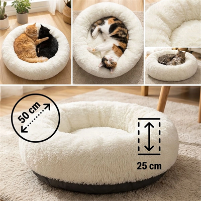 Yuvarlak Ultra Yumuşak Welsoft Peluş Kedi Ve Köpek Yatağı – Kaymaz Taban Tüylü Pet Pufu,uyku Minderi (krem) Bx40
