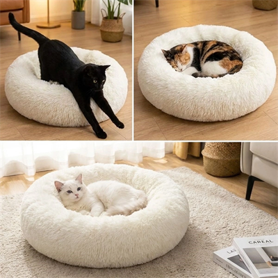 Yuvarlak Ultra Yumuşak Welsoft Peluş Kedi Ve Köpek Yatağı – Kaymaz Taban Tüylü Pet Pufu,uyku Minderi (krem) Bx40