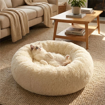Yuvarlak Ultra Yumuşak Welsoft Peluş Kedi Ve Köpek Yatağı – Kaymaz Taban Tüylü Pet Pufu,uyku Minderi (krem) Bx40