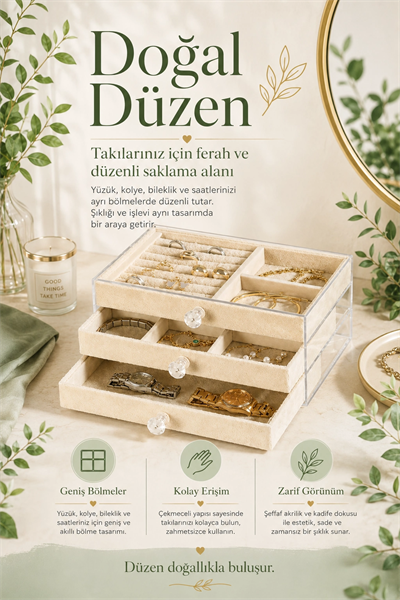 Yüzük Kolye Bileklik Saat İçin Çekmeceli Kadife Takı Organizer Kutusu
