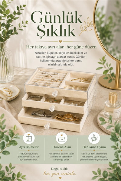 Yüzük Kolye Bileklik Saat İçin Çekmeceli Kadife Takı Organizer Kutusu