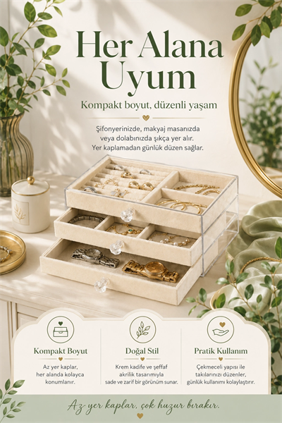 Yüzük Kolye Bileklik Saat İçin Çekmeceli Kadife Takı Organizer Kutusu
