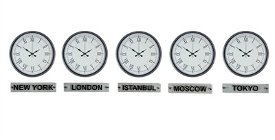 Zarif Gri 36 Cm 5 li Tabelalı Dünya Saatleri Seti