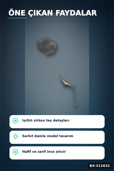 Zirkon Taşlı Damla Model Pirinç Kadın Kolyesi, 45 cm Zincirli Gümüş Renk Takı BX-313632