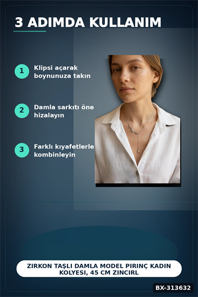Zirkon Taşlı Damla Model Pirinç Kadın Kolyesi, 45 cm Zincirli Gümüş Renk Takı BX-313632