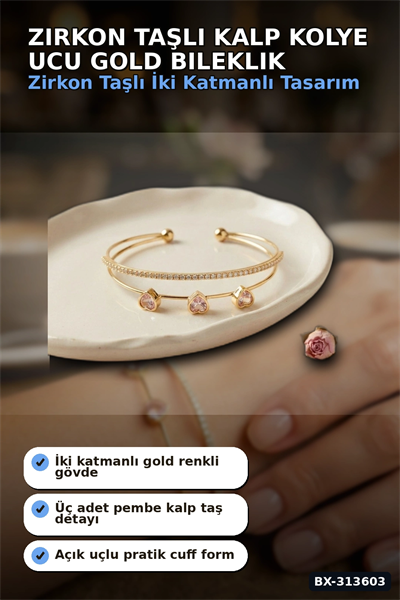 Zirkon Taşlı Kalp Kolye Ucu Gold Bileklik - Pirinç Materyal Kadın Aksesuarı BX-313603