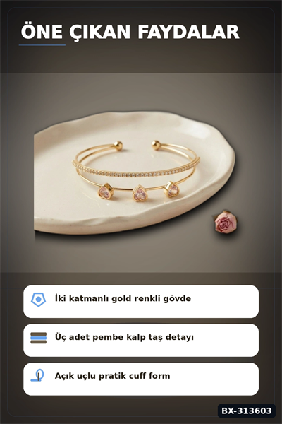 Zirkon Taşlı Kalp Kolye Ucu Gold Bileklik - Pirinç Materyal Kadın Aksesuarı BX-313603