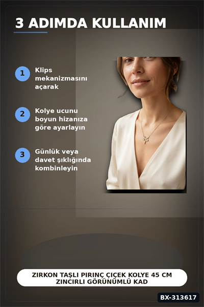 Zirkon Taşlı Pirinç Çiçek Kolye 45 cm Zincirli Görünümlü Kadın Takısı BX-313617