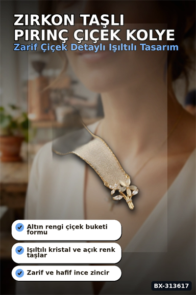 Zirkon Taşlı Pirinç Çiçek Kolye 45 cm Zincirli Görünümlü Kadın Takısı BX-313617