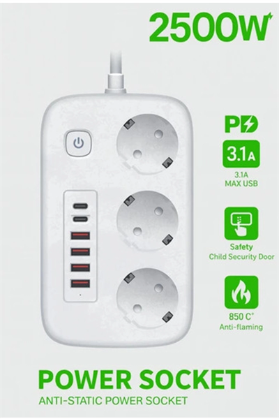 akım Korumalı Priz Ve Masaüstü Şarj İstasyonu Kablosuz 3 Priz ,4 Usb, 2 Type-c Girişli 2 Metre