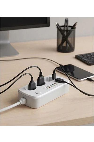 akım Korumalı Priz Ve Masaüstü Şarj İstasyonu Kablosuz 3 Priz ,4 Usb, 2 Type-c Girişli 2 Metre