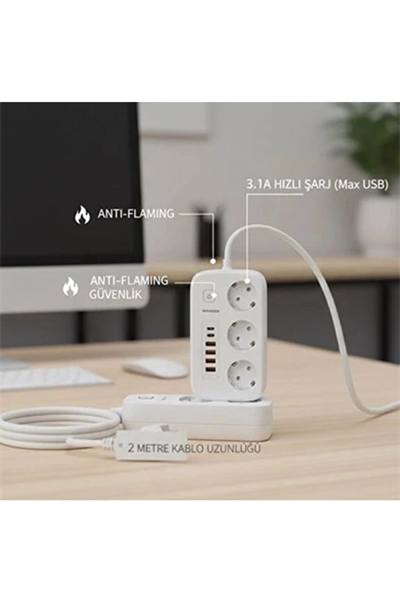 akım Korumalı Priz Ve Masaüstü Şarj İstasyonu Kablosuz 3 Priz ,4 Usb, 2 Type-c Girişli 2 Metre