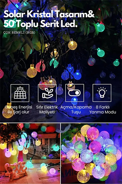 sonx 10 Metre 50 Top Güneş Enerjili Solar Led Işık Dekoratif Rgb
