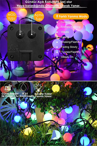 sonx 10 Metre 50 Top Güneş Enerjili Solar Led Işık Dekoratif Rgb