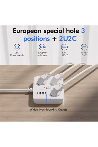 sonx Akım Korumalı Avrupa Tip-C USB Soket Kartı 2 Metre - Güvenli ve Uzun Kablo Çözümü