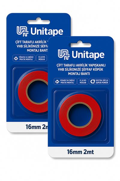 UniTape Çift Taraflı Yapışkanlı Silikon Montaj Bantı 2'li Avantaj Paketi 16mm2mt Şeffaf