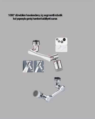 1080° Dönebilen Musluk Başlığı Robotik Kol Havalandırıcı Çok Yönlü Su Yönlendirme