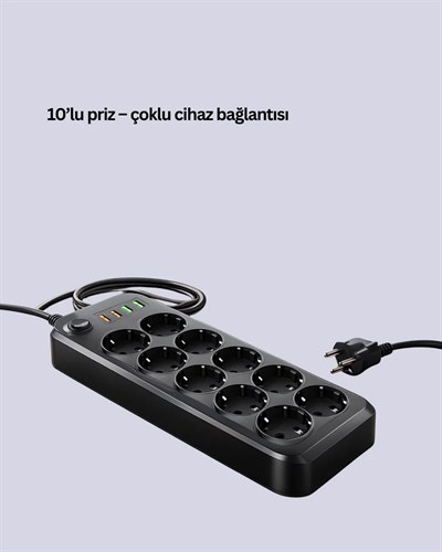 10’lu Çoklu Priz Termal Korumalı USB Type-C Çıkışlı 2500W Uzatma Kablosu