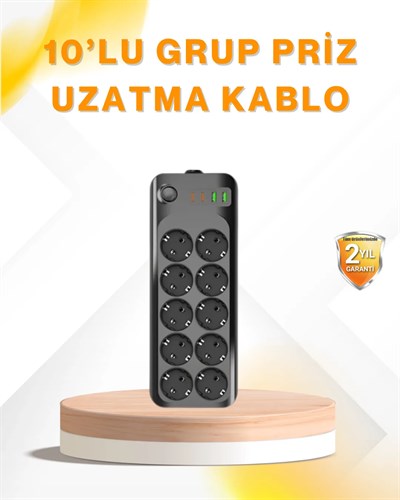 10’lu Çoklu Priz Termal Korumalı USB Type-C Çıkışlı 2500W Uzatma Kablosu