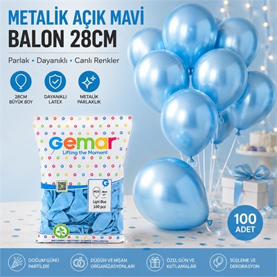 11 (28 cm) Metalik Açık Mavi Lateks Balon - 100lü
