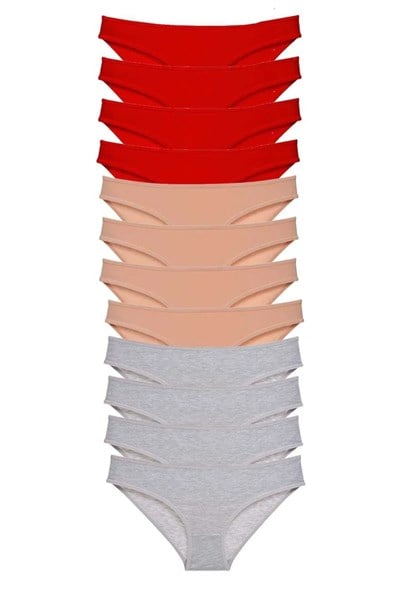 12 adet Eko Set Likralı Kadın Slip Külot Kırmızı Ten Gri